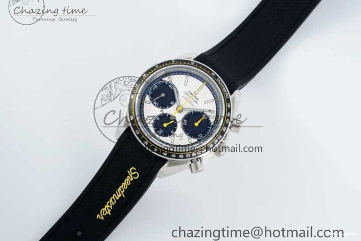 0706 TopPick Speedmaster Racing Master SS HKF Best Edition White Black Dial on Black Rubber Strap A 7813